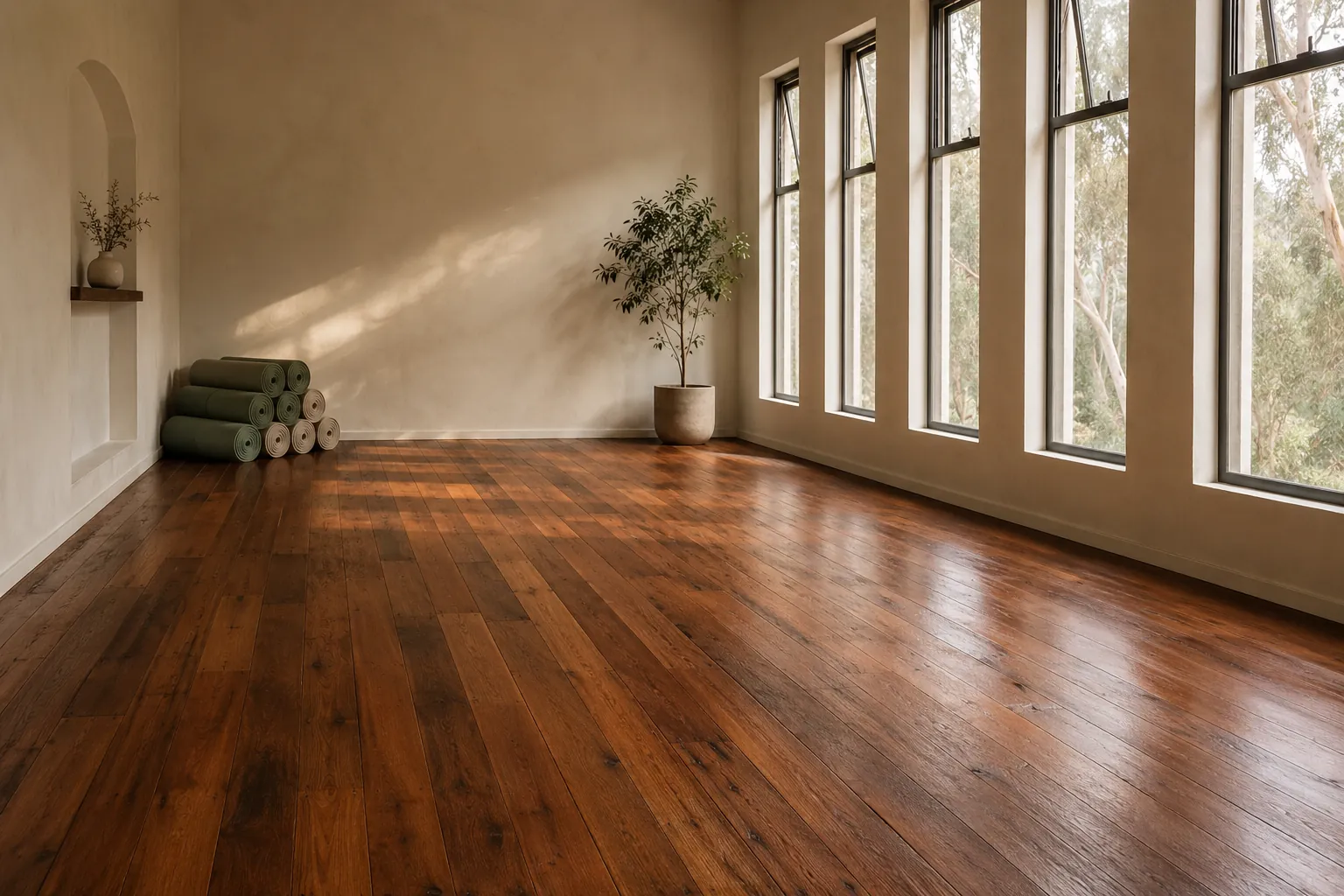 Studio A in Stirling before class — the salvaged 1923 jarrah floor running the length of the empty, light-filled room